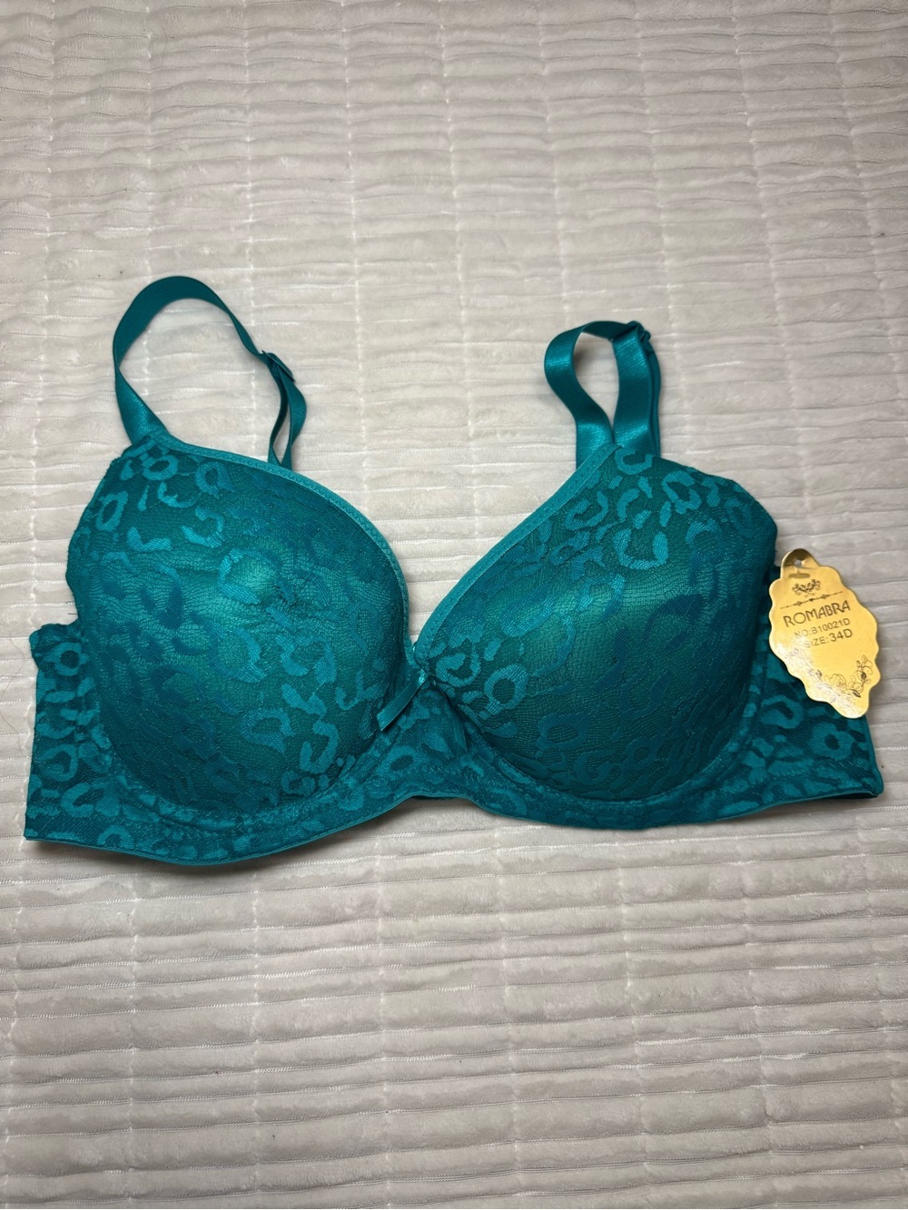 Teal Lace Push Up Bra 34D Underwire Padded Everyday Lingerie
